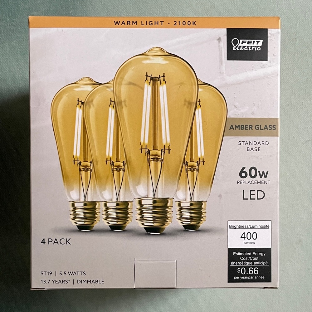 FEIT 60w Amber Glass Standard Base Light Bulbs 400 Lumens Dimmable